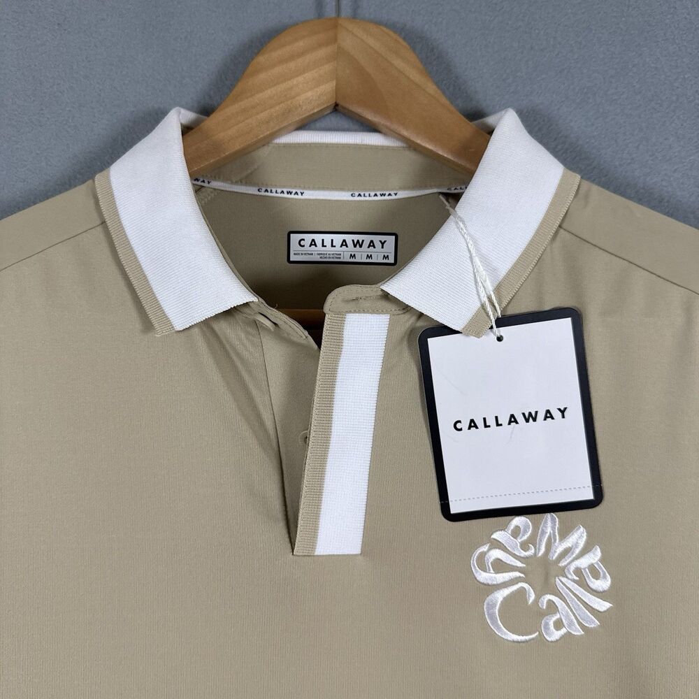 Callaway Golf Polo Men’s M Long Sleeve Fields of Rye Tan White Collar NWT